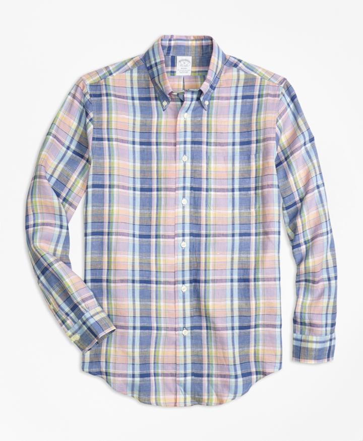 Brooks Brothers Men's Regent Fit Lavender Plaid Irish Linen Sport Shirt