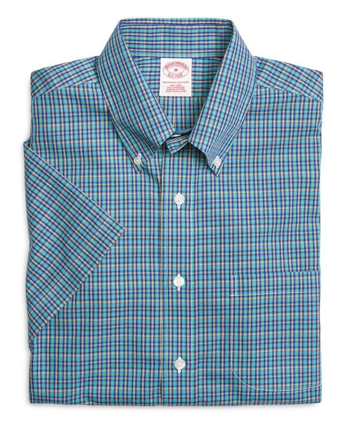Brooks Brothers Men's Supima Cotton Non-iron Regular Fit Aqua Mini Check Short-sleeve Sport Shirt