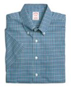 Brooks Brothers Men's Supima Cotton Non-iron Regular Fit Aqua Mini Check Short-sleeve Sport Shirt