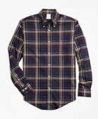 Brooks Brothers Men's Non-iron Regent Fit Navy And Gold Plaid Sport Shirt