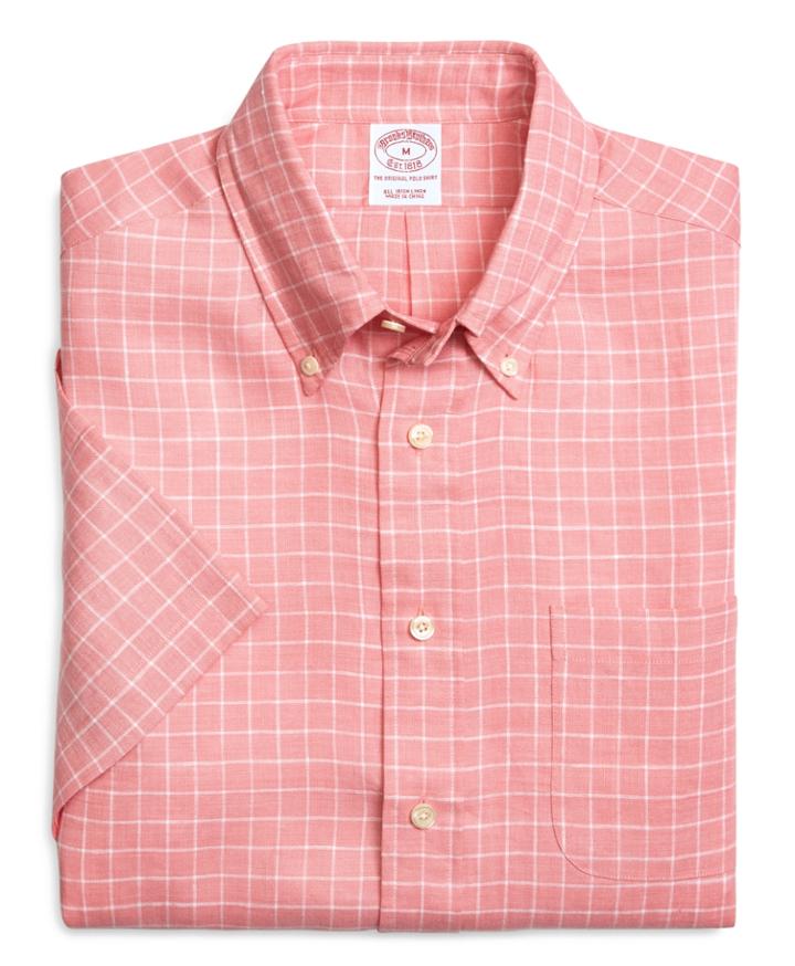 Brooks Brothers Men's Regular Fit Ground Check Short-sleeve Linen Sport Shirt