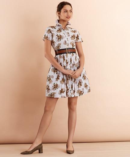 Brooks Brothers Floral-print Striped Cotton Poplin Pleated Shirt Dress