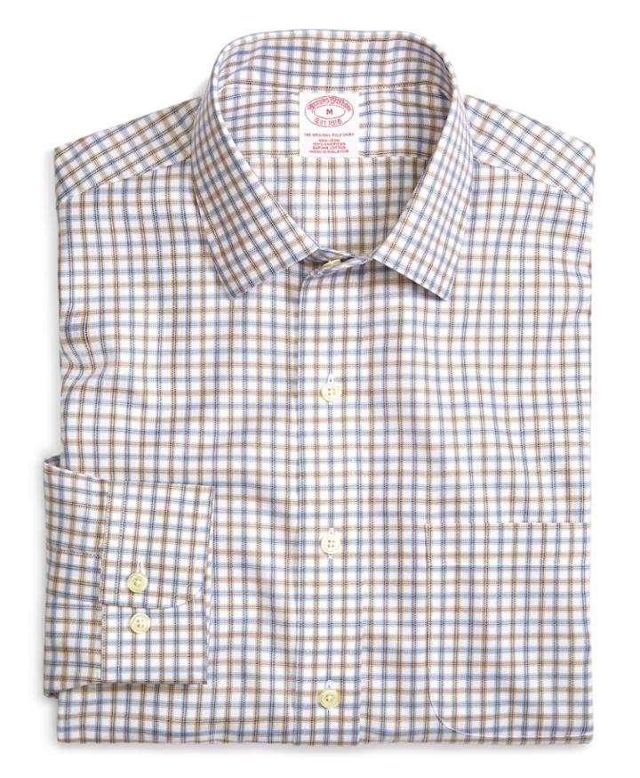 Brooks Brothers Men's Supima Cotton Non-iron Regular Fit Blue With Tan Twill Sport Shirt