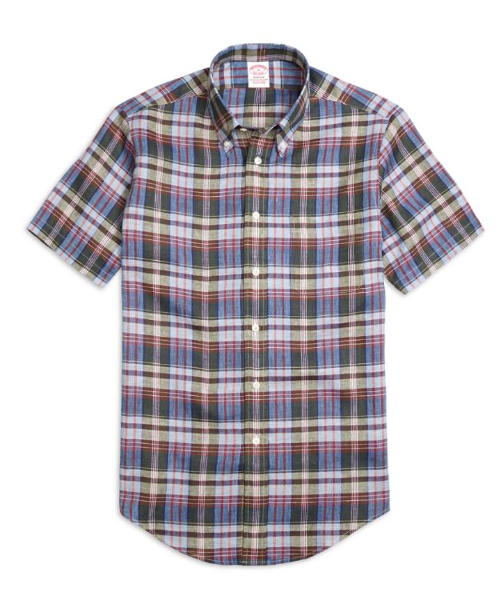 Brooks Brothers Men's Madison Fit Green Plaid Linen Short-sleeve Sport Shirt
