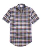 Brooks Brothers Men's Madison Fit Green Plaid Linen Short-sleeve Sport Shirt