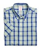 Brooks Brothers Men's Supima Cotton Non-iron Regular Fit Blue With Yellow Plaid Short-sleeve Sport Shirt