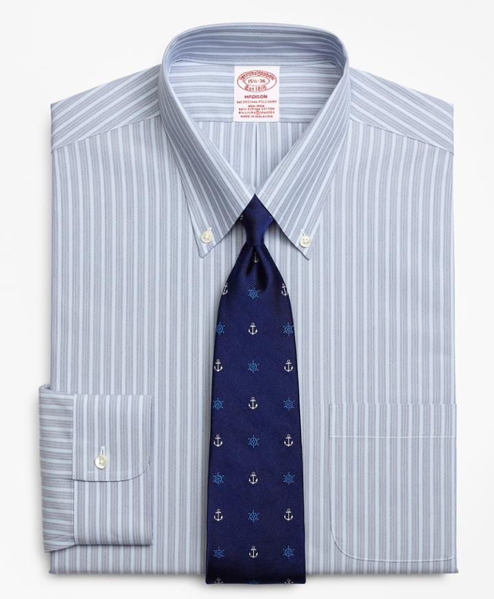 Brooks Brothers Men's Stretch Regular Fit Classic-fit Dress Shirt, Non-iron Mini Bb#1 Alternating Stripe