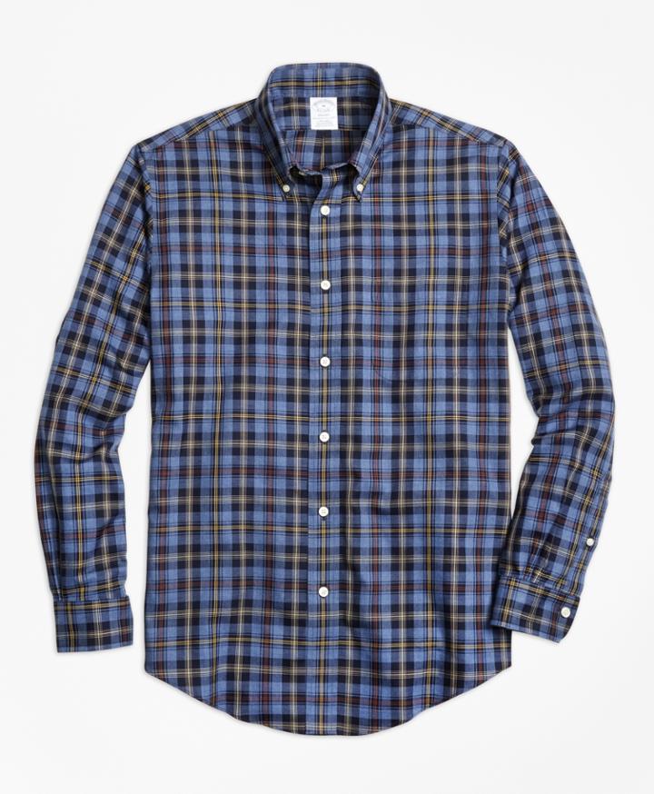 Brooks Brothers Men's Non-iron Regent Fit Blue Heathered Plaid Sport Shirt