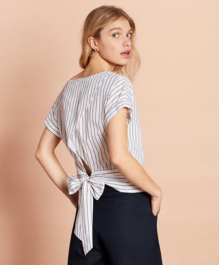Brooks Brothers Shimmer Stripe Linen-cotton Tie-back Blouse