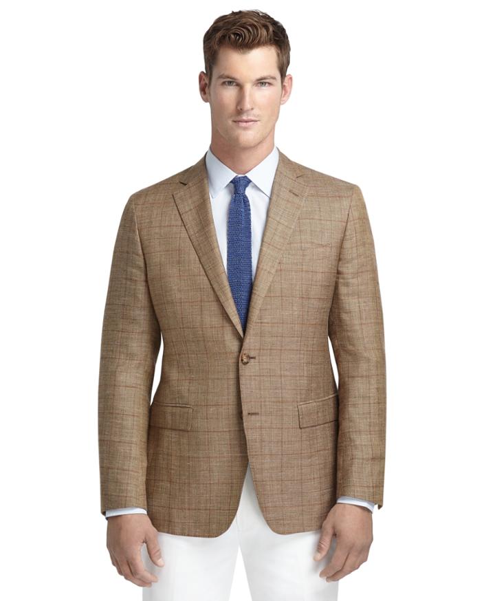 Brooks Brothers Men's Fitzgerald Fit Tan Plaid With Rust Windowpane Sport Coat