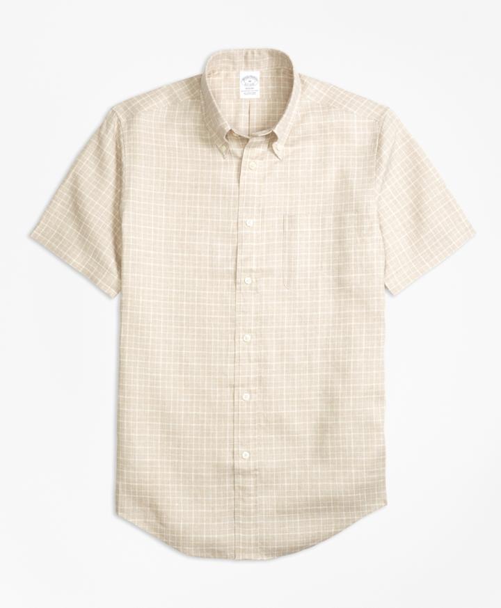Brooks Brothers Men's Regent Fit Check Irish Linen Short-sleeve Sport Shirt