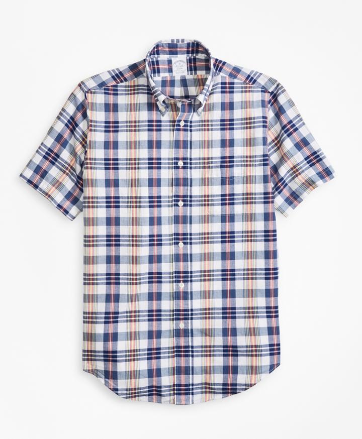 Brooks Brothers Men's Regent Fit Blue And Red Madras Short-sleeve Sport Shirt