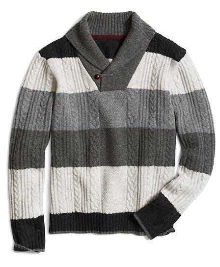 Brooks Brothers Lambswool Striped Cable Knit Shawl Collar Sweater