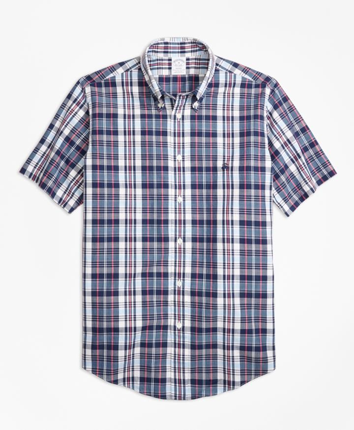 Brooks Brothers Men's Regent Fit Slub Cotton Plaid Short-sleeve Sport Shirt