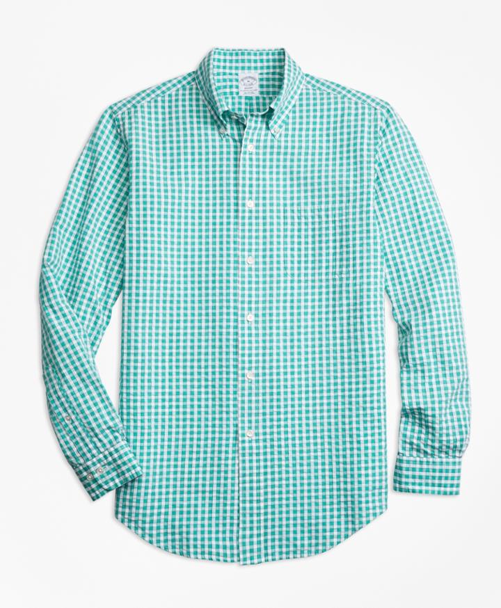 Brooks Brothers Men's Regent Fit Green Check Seersucker Sport Shirt