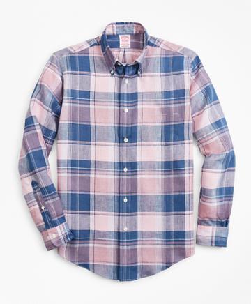 Brooks Brothers Madison Fit  Plaid Irish Linen Sport Shirt
