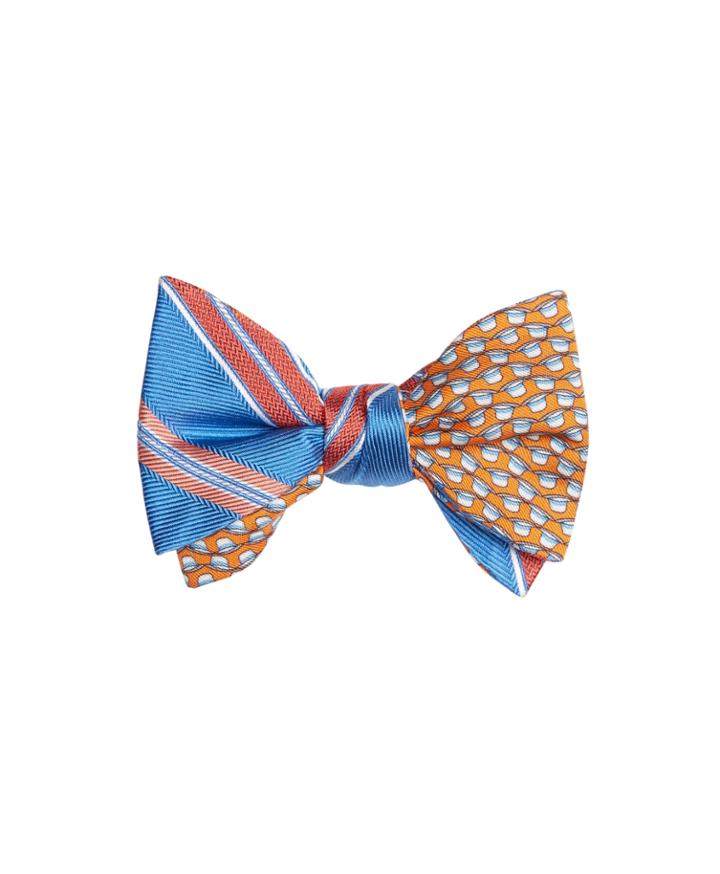 Brooks Brothers Men's Alternating Textured Famed Stripe With Panama Hat Print Reversible Bow Tie