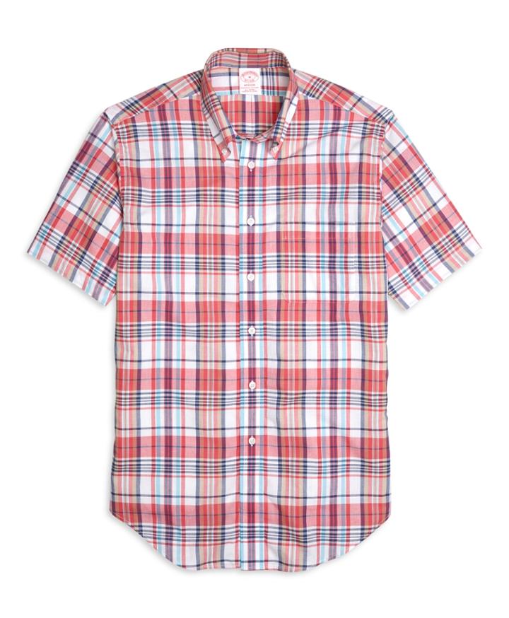 Brooks Brothers Men's Madison Fit Pink Madras Short-sleeve Sport Shirt