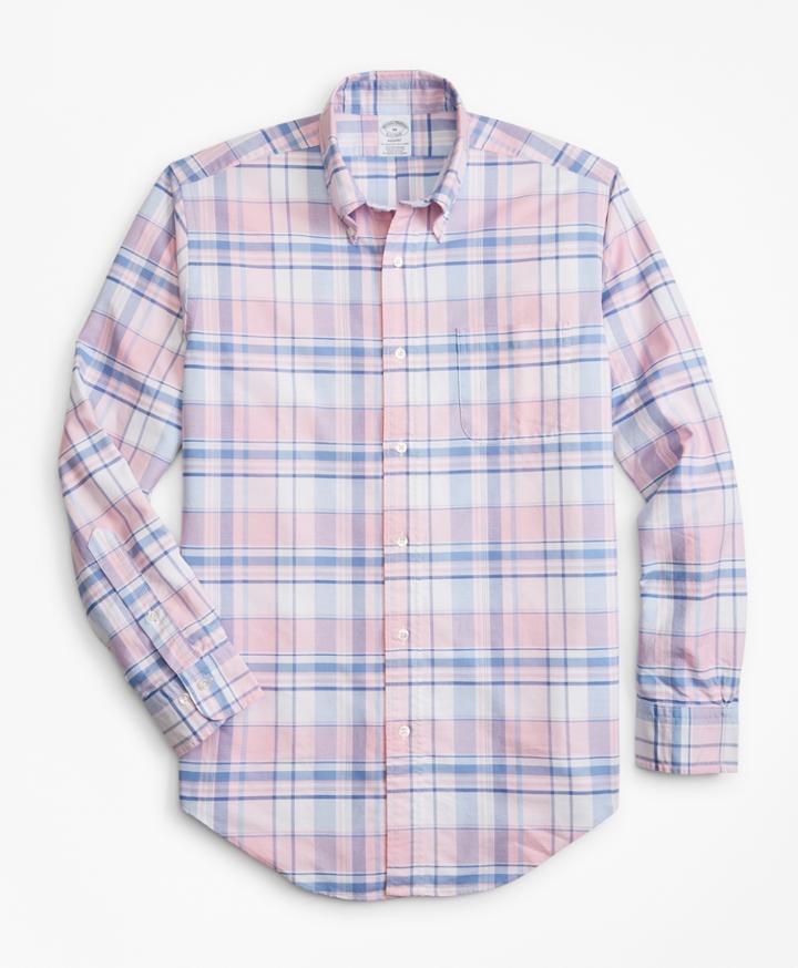 Brooks Brothers Men's Regent Fit Oxford Pink And Blue Plaid Sport Shirt