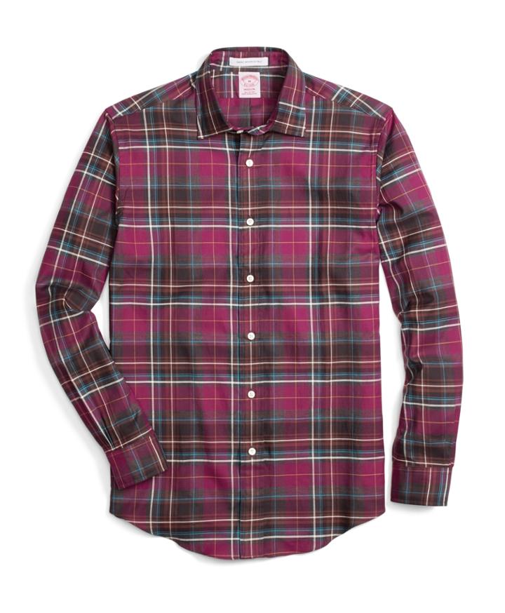 Brooks Brothers Men's Madison Fit Burgundy Heathered Plaid Sport Shirt
