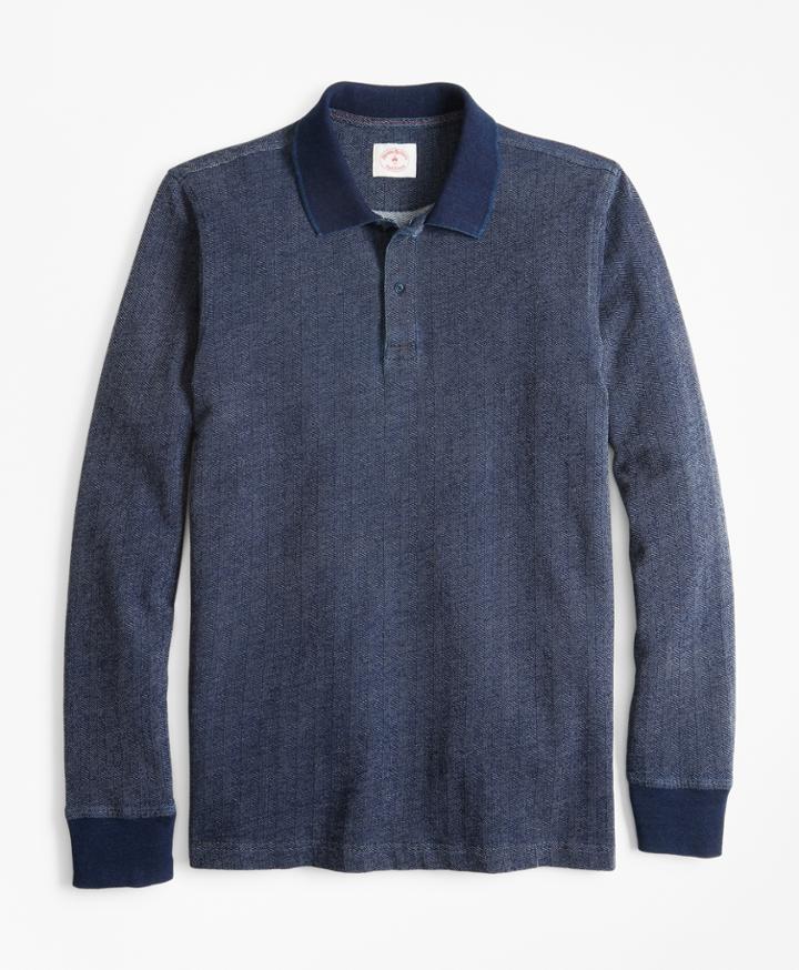 Brooks Brothers Men's Indigo Herringbone Long-sleeve Polo Shirt