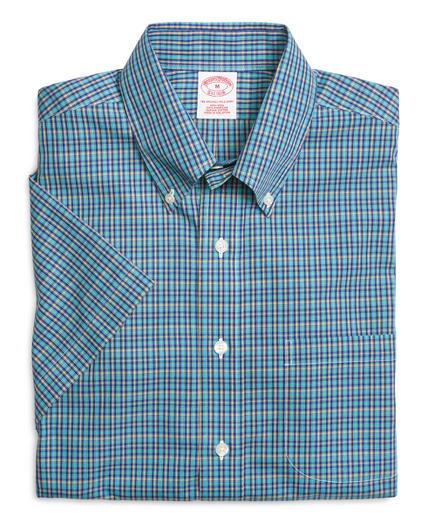 Brooks Brothers Supima Cotton Non-iron Regular Fit Aqua Mini Check Short-sleeve Sport Shirt
