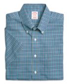 Brooks Brothers Supima Cotton Non-iron Regular Fit Aqua Mini Check Short-sleeve Sport Shirt