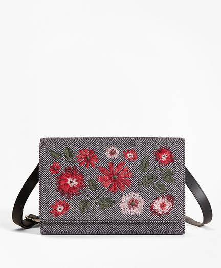 Brooks Brothers Floral-embroidered Herringbone Wool Shoulder Bag