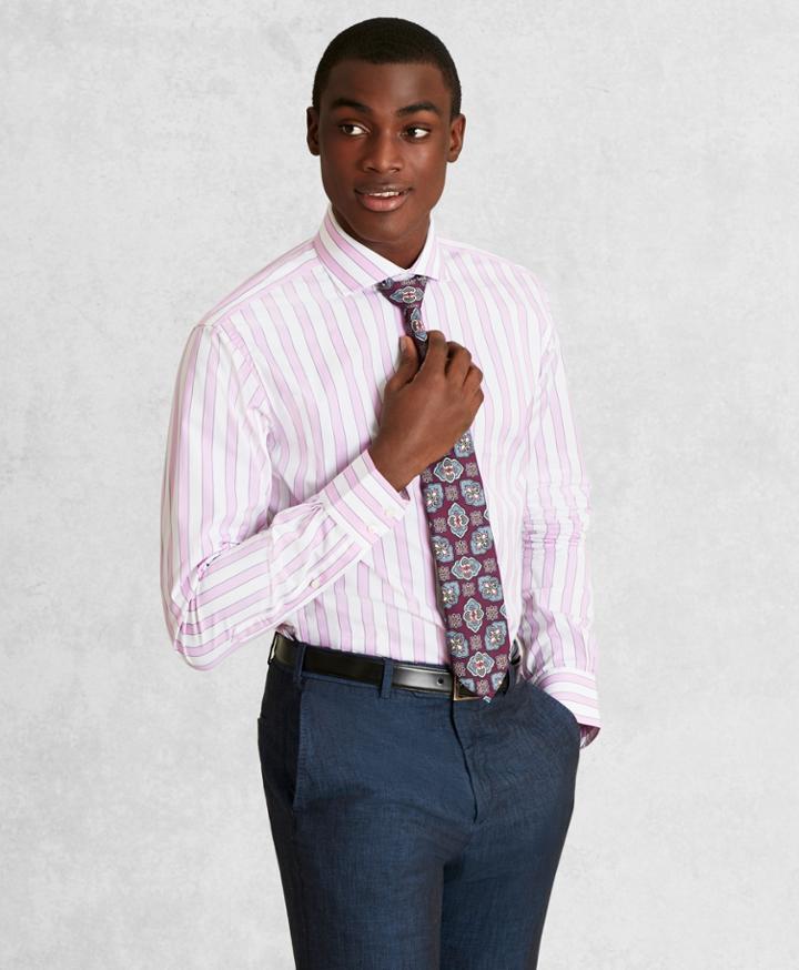 Brooks Brothers Men's Golden Fleece Slim Fitted Dress Shirt, English Collar Multi-stripe Poplin