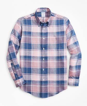 Brooks Brothers Regent Fit  Plaid Irish Linen Sport Shirt