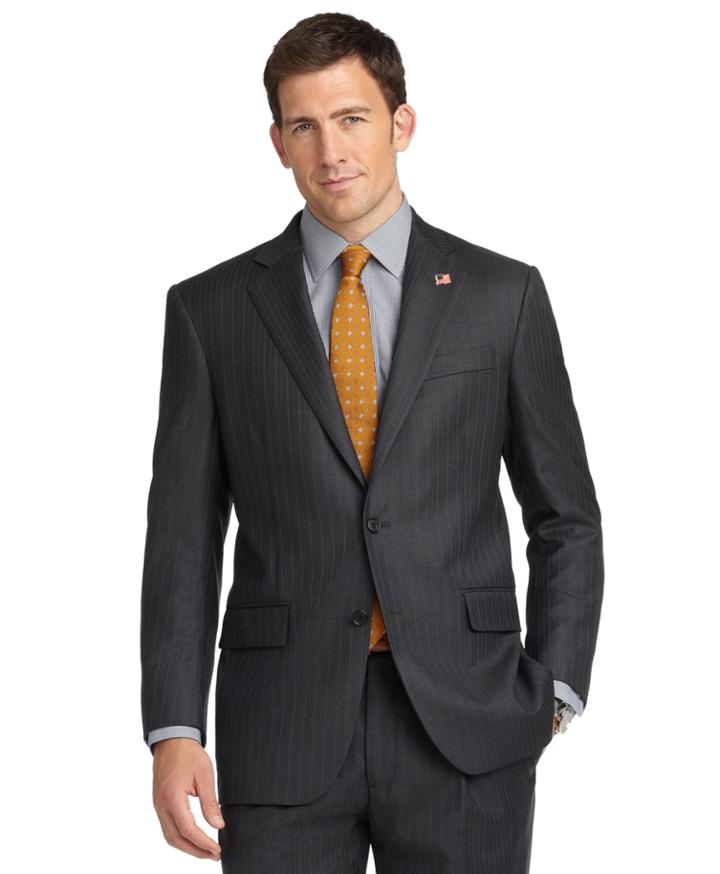 Brooks Brothers Men's Madison Fit Saxxon Charcoal And Navy With Pearl Stripe 1818 Suit