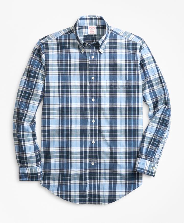 Brooks Brothers Men's Madison Fit Blue And Green Madras Sport Shirt