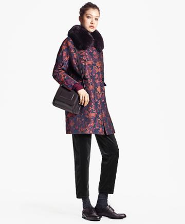 Brooks Brothers Floral Jacquard Coat With Removable Fox Fur Collar