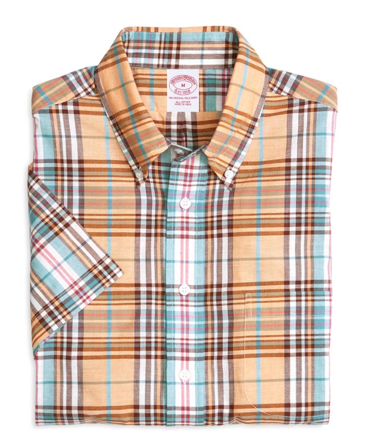Brooks Brothers Men's Regular Fit Orange Madras Plaid Short-sleeve Sport Shirt