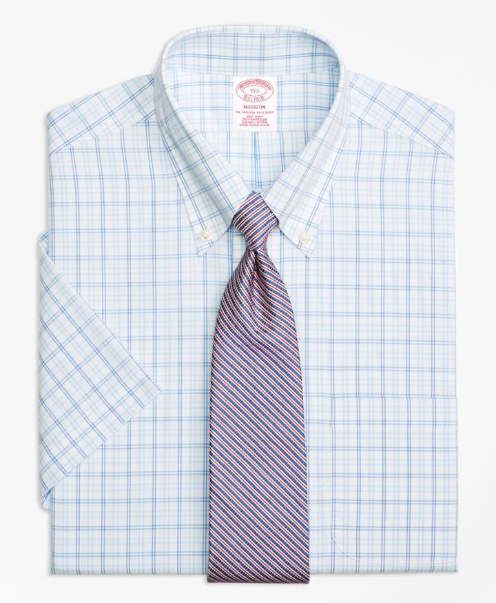 Brooks Brothers Men's Non-iron Regular Fit Alternating Twin Tattersall Short-sleeve Dress Shirt
