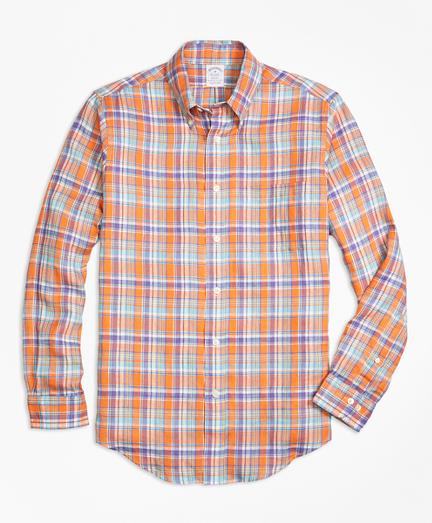Brooks Brothers Regent Fit Orange Plaid Irish Linen Sport Shirt