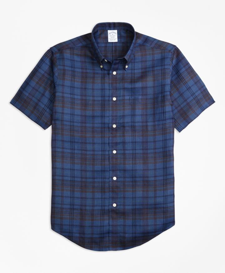 Brooks Brothers Men's Regent Fit Plaid Irish Linen Short-sleeve Sport Shirt