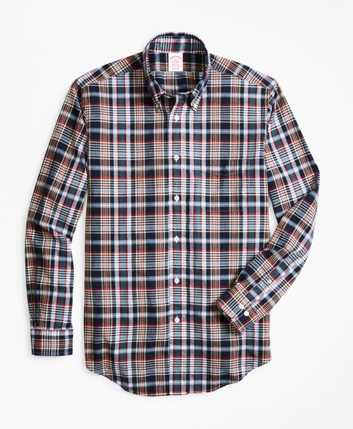 Brooks Brothers Men's Madison Fit Navy Madras Sport Shirt