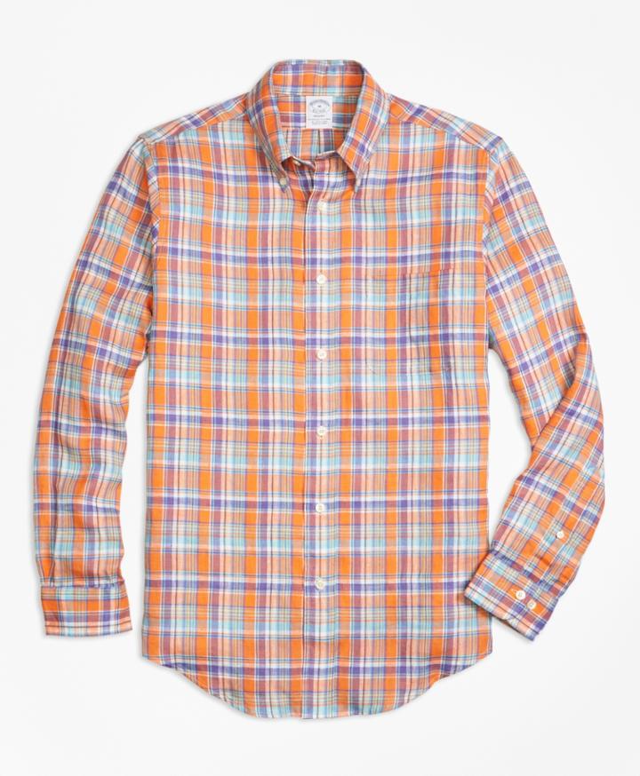 Brooks Brothers Men's Regent Fit Orange Plaid Irish Linen Sport Shirt