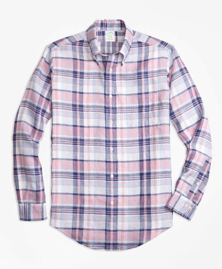 Brooks Brothers Men's Milano Fit Pink Plaid Irish Linen Sport Shirt
