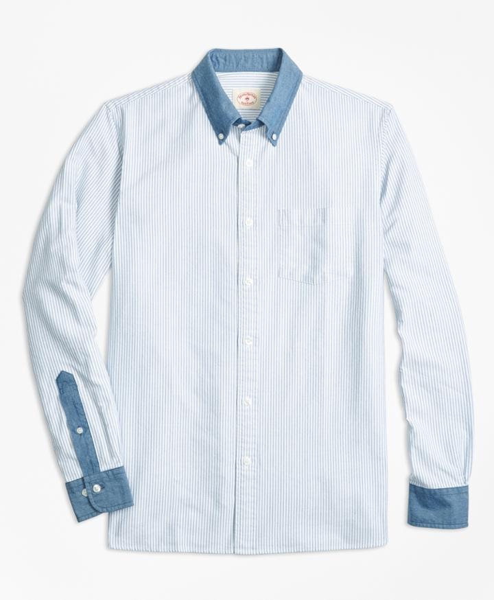 Brooks Brothers Men's Chambray-trim Striped Cotton Oxford Sport Shirt