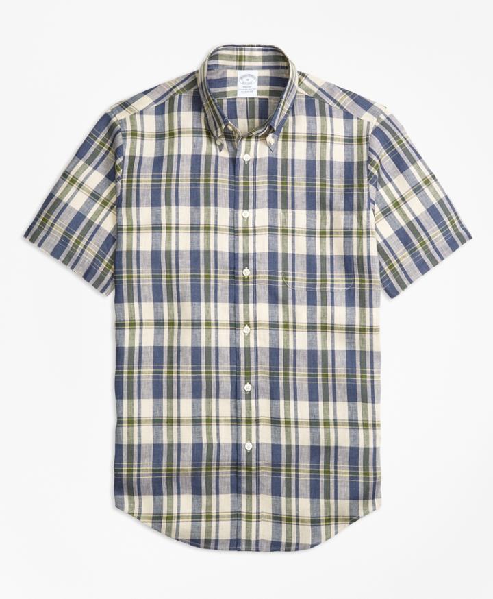 Brooks Brothers Men's Regent Fit Large Plaid Irish Linen Short-sleeve Sport Shirt