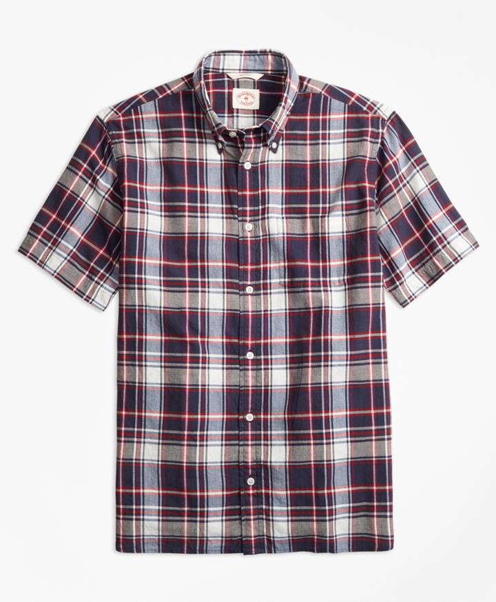 Brooks Brothers Men's Plaid Crepe Madras Short-sleeve Sport Shirt