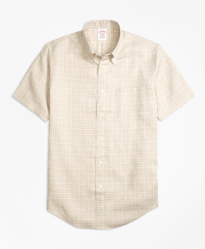 Brooks Brothers Men's Madison Fit Check Irish Linen Short-sleeve Sport Shirt