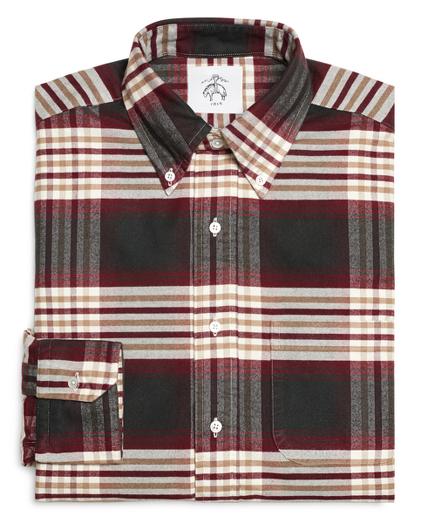 Brooks Brothers Khaki Burgundy And Green Plaid Button-down Shirt