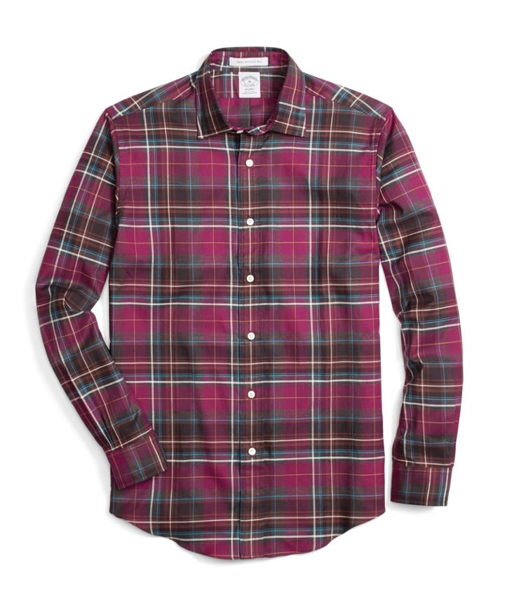 Brooks Brothers Men's Regent Fit Burgundy Heathered Plaid Sport Shirt