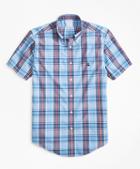 Brooks Brothers Non-iron Regent Fit Red And Blue Plaid Short-sleeve Sport Shirt