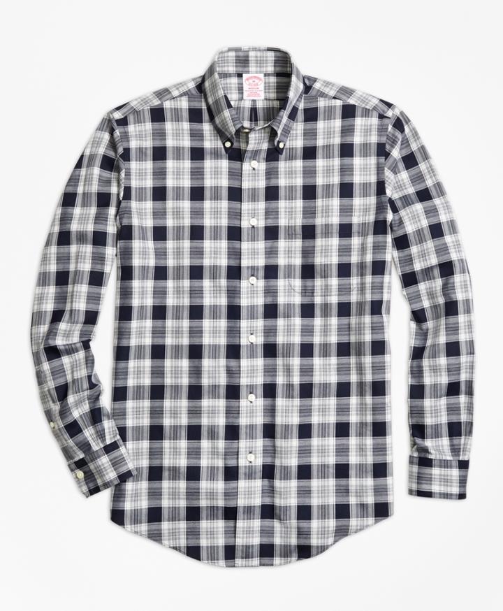 Brooks Brothers Men's Non-iron Madison Fit Navy Heathered Plaid Sport Shirt