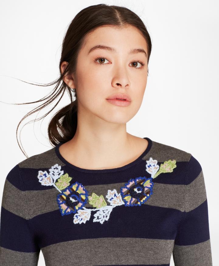 Brooks Brothers Women's Floral-embroidered Striped Silk-cashmere Sweater