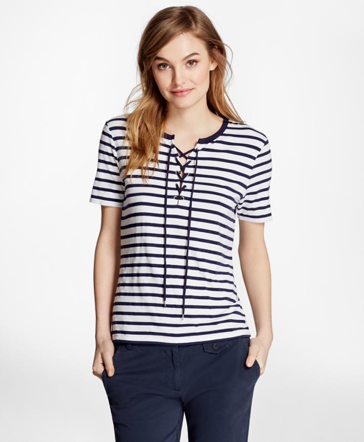 Brooks Brothers Women's Lace-up Striped Tee Shirt